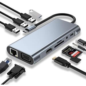 USB C HUB, USB C Adapter 11 in 1 Dongle with 4K HDMI, VGA, Type C PD, USB3.0, RJ45 Ethernet, SD/TF Card Reader, 3.5mm AUX, Docking Station Compatible with MacBook Pro/Air, Other Type C Laptops