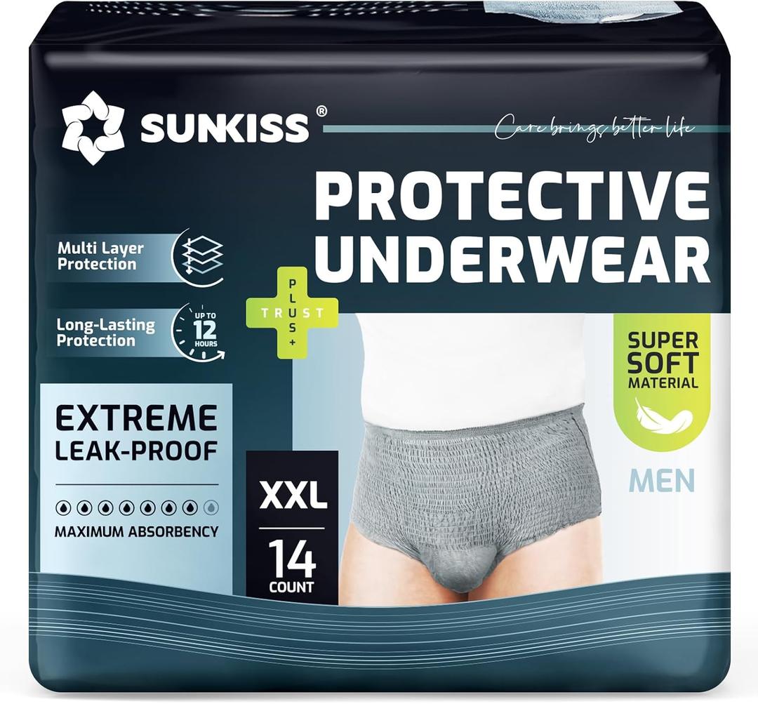 SUNKISS Super Soft Incontinence Underwear for Men, Daytime Disposable Adult Pull Ups, Mens Protective Diapers with Maximum Absorbency, XXLarge, Grey, 14 Count
