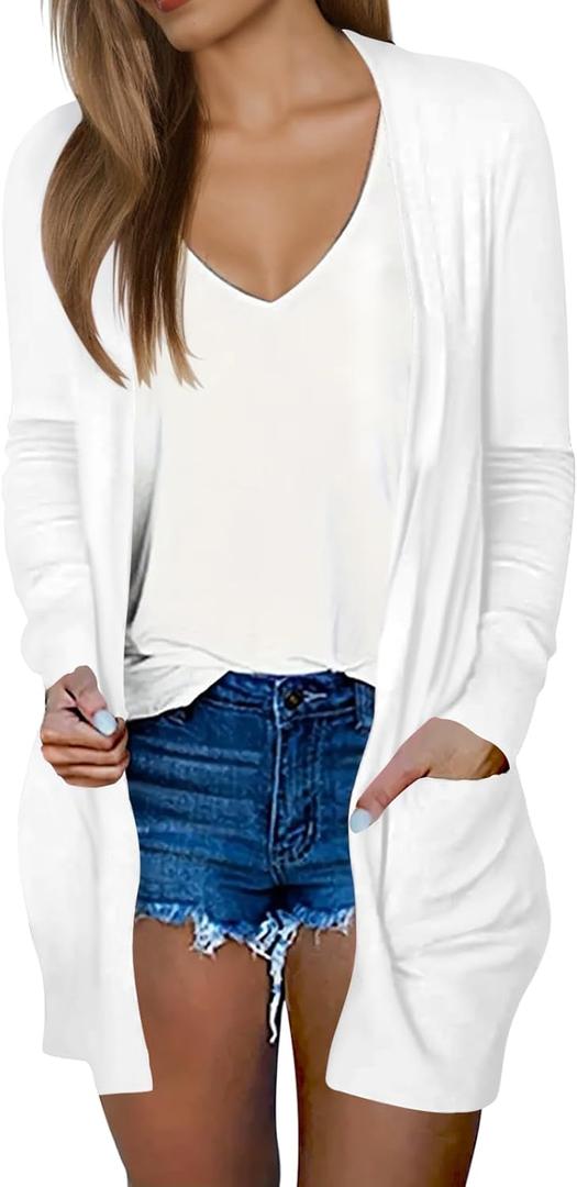 DB MOON Womens Long Cardigan 2025 Fall Lightweight Long Sleeve 0pen Front Sweater with Pockets (Medium, White)