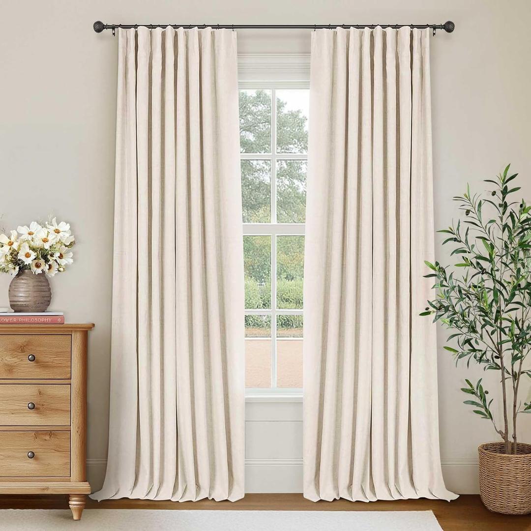 100% Blackout Curtains for Bedroom, Black Out Curtains 84 Inch Long, Clip Rings Linen Blackout Drapes, Thermal Insulated Room Darkening for Living Room, 2 Panels - Cream,W50xL84