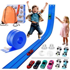 Flexible Car Track for Kids: 15 Ft of Portable Roll-Up DIY Flexible Race Track with 8 Cars & 4 Strong Suction Cups Car Ramp Toy Track, A Great Birthday for Boys & Girls Ages 3+ (Blue)
