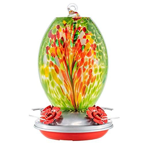 Muse Garden Glass Humming Bird Feeders for Outdoors - 27OZ Blown Glass Hummingbird Feeder - Unique Gift Mom Women Grandparents, Outdoors Hanging Garden Decor, Ant Moat & Brush, Green Floral