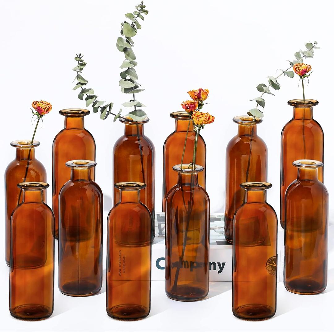 Patelai Set of 12 Glass Bud Vases Small Bud Vase in Bulk Mini Flower Vase for Wedding Reception Vintage Decorative Home Decor Housewarming Gift, 6.3 x 2.2 Inch (Brown 12 Pieces)