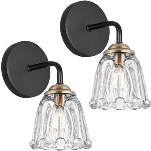 Daunton Vintage Hardwired Wall Sconce Set of 2, No Battery/Rechargeable! Black & Gold Bathroom Light with Clear Glass Shade, G9 Bulb Fixture for Mirror/Bedroom, Brass Wall Decor Lighting