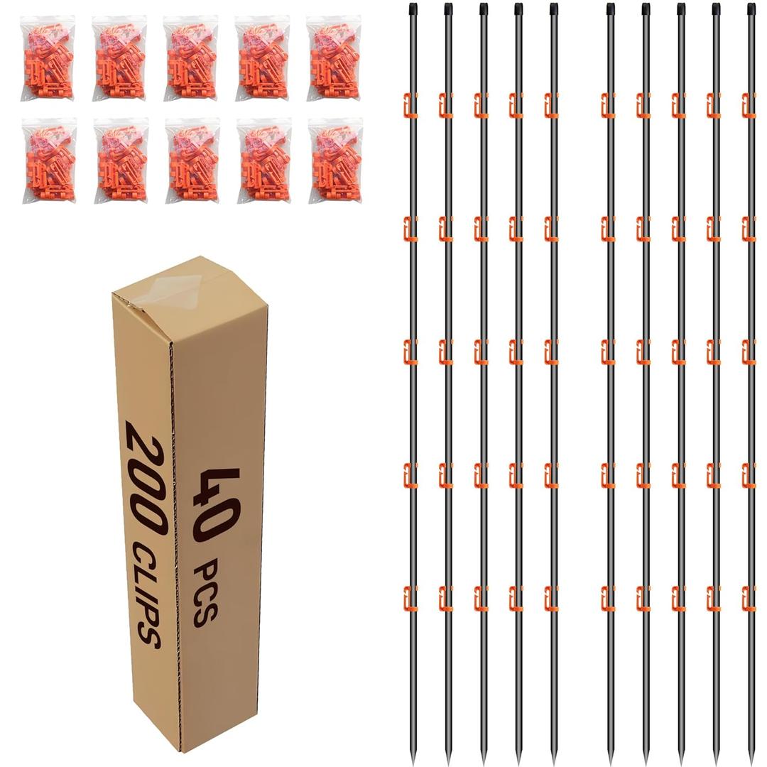 76Inch Electric Fence Posts 40Pack, Fiberglass Fence Post with 200 Adjustable Clips for Garden, Step-in Temporary Fence Stakes for Patio Yard Farm, Glass Fiber Fencing for Livestock Horse Cattle