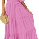 LEANI Women's 2025 Summer Cutout Maxi Dress Square Neck Short Sleeve Crossover Waist Casual Party Dresses (Pink, M)