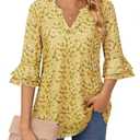 Business Casual Tops for Women 3/4 Sleeve Floral Tops Bell Sleeve Dressy Casual Womens Blouses for Work Professional Western Office V Neck Shirts Chiffon Wedding Evening Date Outfits Yellow Floral M (M)