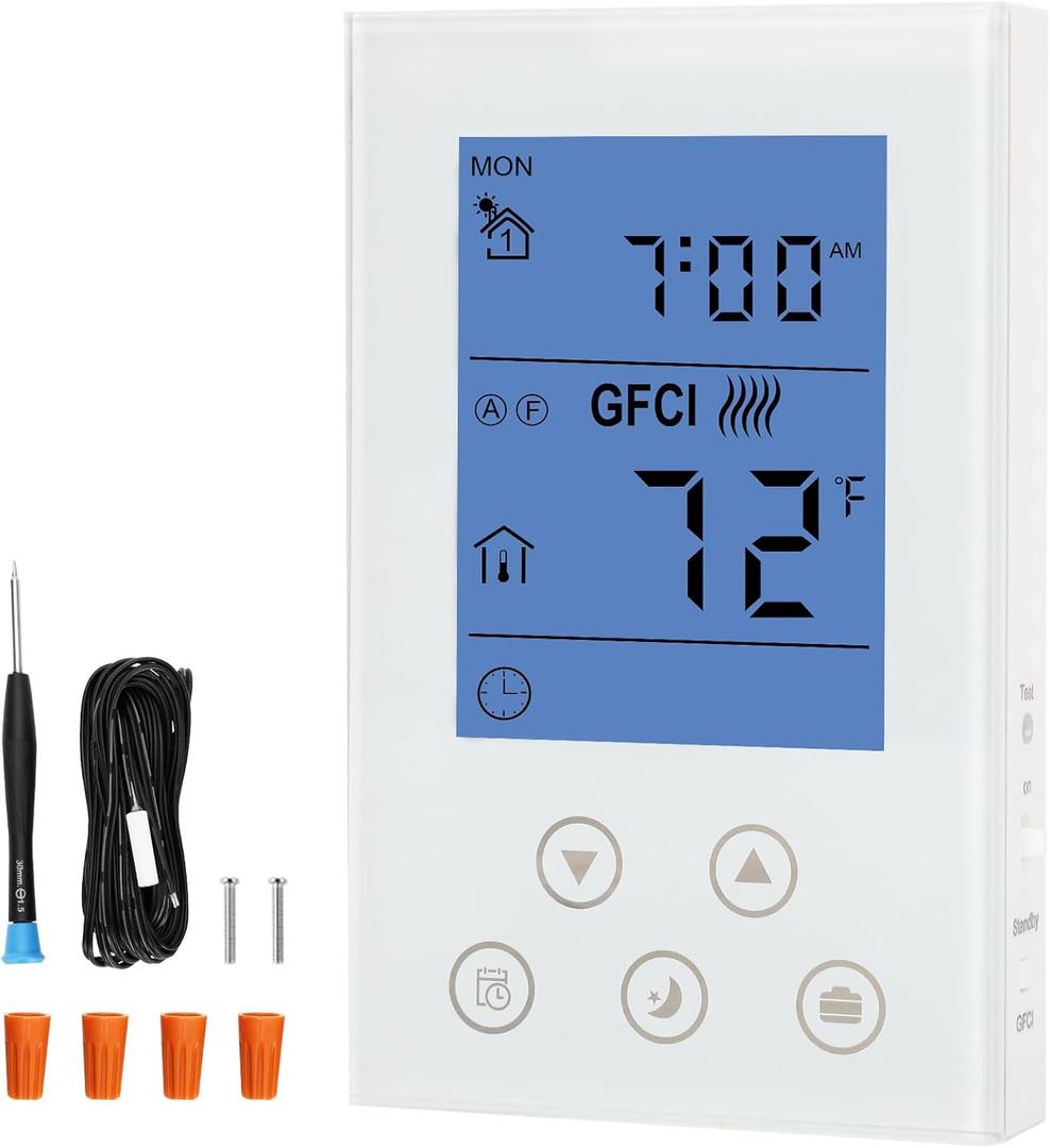 7-Day Programmable Thermostat for House Radiant Underfloor Heating,Home Floor Heating Controller,Adaptive AC Voltage(120/240V),Dual Sensing(Air&Floor Sensor) Built-in Class A GFCI,LED Backlit Display