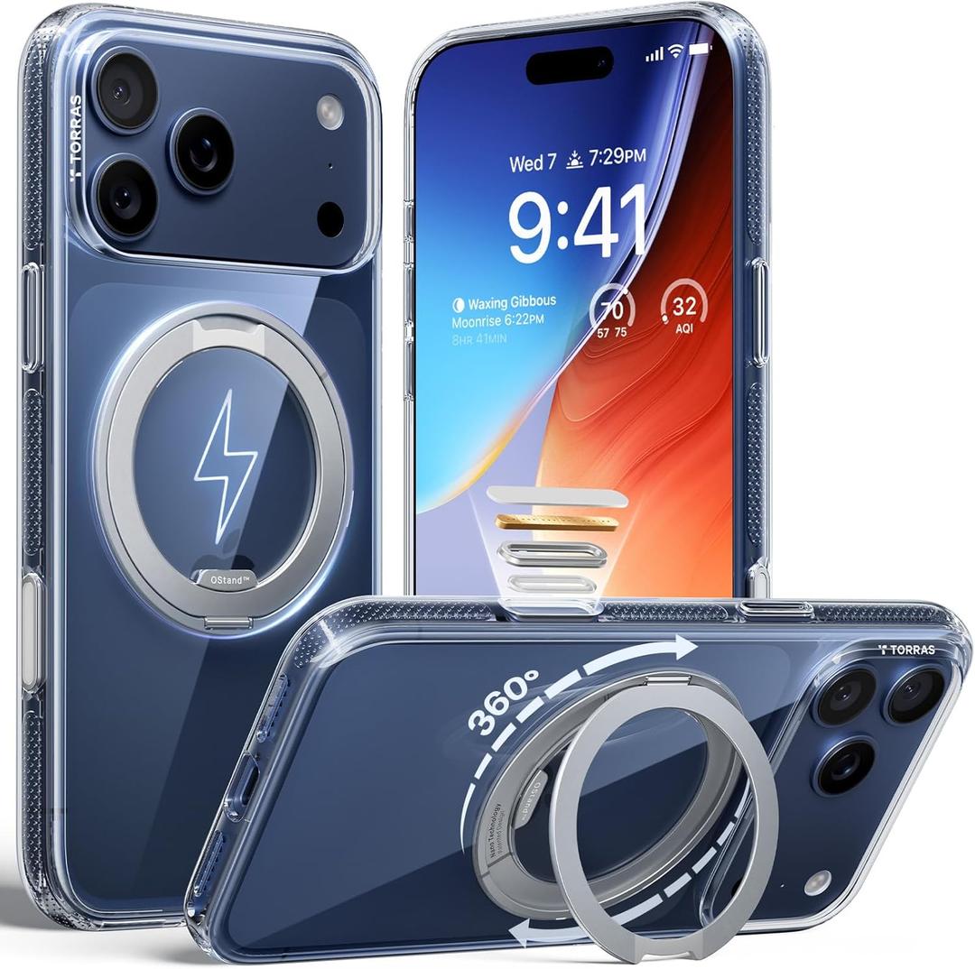 TORRAS 360 Magnetic Stand for iPhone 17 Pro Case, [Fit for MagSafe] [Rotatable Ring Kickstand] [4X Mil-Grade Shockproof] Slim Phone Cover, Camera Button, Crystal Clear, Transparent, Ostand O3 Fitness