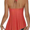 RXRXCOCO Mesh Halter Tankini Swimsuits for Women Tummy Control Swimsuit Asymmetrical Flowy High Waisted Bathing Suits (Small, Orange Floral)