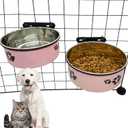 Dog Crate Food and Water Bowl 2Pcs Small Pet Hanging Kennel Removable Dish Feeding Cup with Holder for Medium Large Size Puppy Cat (Pink, 6.3''X2.5''&7.1X2.7'')