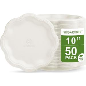 [50 COUNT]10-inch Compostable PFAS Free Floral Paper Plates, White Floral Acanthus Collection Natural Sugarcane Disposable Bagasse Eco Friendly Wedding Dinner Plates Elegant, New Version