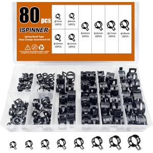 ISPINNER 60pcs Spring Band Type Fuel/Silicone Vacuum Hose Pipe Clamp, 7mm-18mm Low Pressure Air Clip Clamp 7mm 9mm 10mm 11mm 14mm 16mm 17mm 18mm (Black)