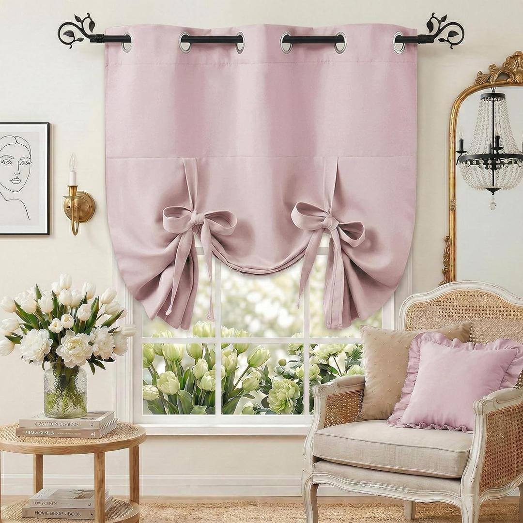 Pony Dance Bathroom Curtains Window - Tie Up Shade Thermal Curtain for Small Window Valance Decorative Panel for Kitchen, W 42 inches x L 45 inches, Light Pink, 1 Piece