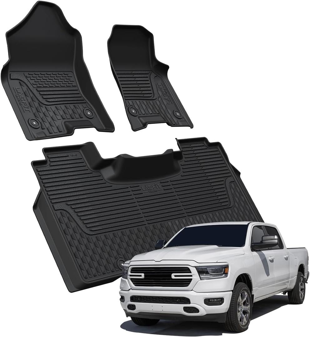 LASFIT Floor Mats for Ram 1500 2019-2024 Crew Cab with Rear Under-Seat Storage Bucket Seat (NOT Fit for Classic Model), 4 Full Size Doors All Weather TPE Custom Fit 1st & 2nd Row, Black