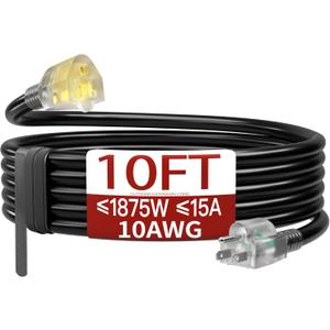 10 FT 10 Gauge Extension Cord Outdoor, Heavy Duty Weatherproof & Flame Retardant Black 3 Prong Power Cord with Light, Outside for Lawn & Garden, 15 Amps 1875 Watts 125 VAC 10AWG SJTW, ETL Listed