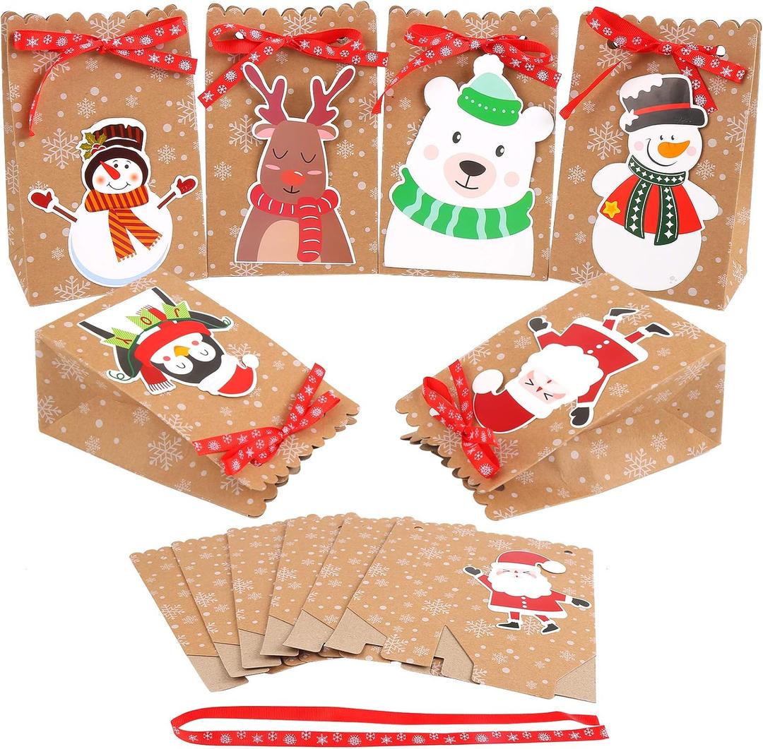 FINGOOO 24 Christmas Kraft Gift Bags,Mini 5x3x7 Inch Holiday Treat Bags Xmas Paper Goody Bags with Ribbon for Christmas Party Supplies (6 Designs)