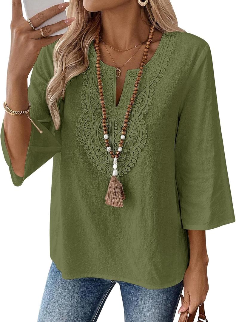 LOMON Womens 3/4 Sleeve Tops Cotton Linen Shirts V Neck Lace Casual Loose Fit Blouses Boho Fashion (Army Green 02) 3XL