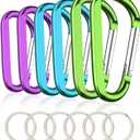 6PCS Black Carabiner Caribeaner Clip,3" Large Aluminum D Ring Shape Carabeaner with 6PCS Keyring Keychain Hook (2 Blue+2 Purple+2 Green)
