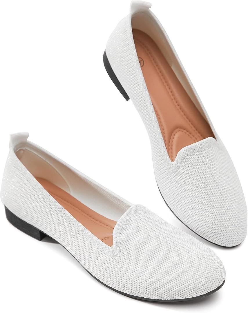 BABUDOG Women's Sparkly Flats Shoes Shiny Mesh Loafers Shoes Soft Memory Foam Flats(Sparkly White.US10)