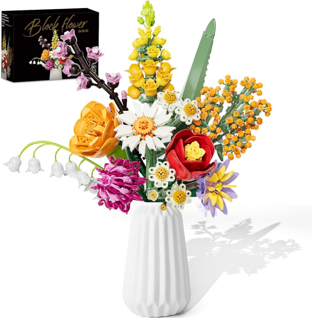Flowers Bouquet Building Set, 1070PCS Artificial Plant Flower Kit Toy for Adults Kids Women Her, Wildflower Botanical Collection, Home Decor Gift for Birthday, Christmas (No Vase)