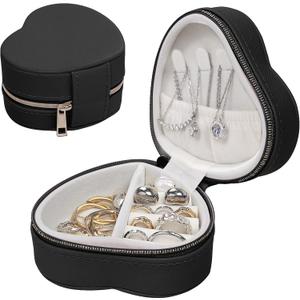Heart-Shaped Small Jewelry Box Travel Jewelry Case Girls Mini Box for Rings Earrings Necklaces Organizing Portable PU Leather Jewerly Organizer for Women, Black