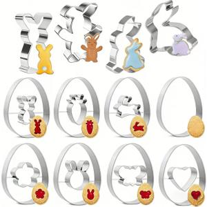 Cookie Cutters Set, 12PCS Stainless Steel Baking Molds with Bunny Egg Carrot Flower Shapes, Spring Cookie Cutter Set for Cookies, Biscuit, Fondant, Baking Supplies