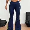 Floerns Women's Elastic Waist Flare Leggings Striped Bell Bottom Sports Yoga Pants (Dark Blue)