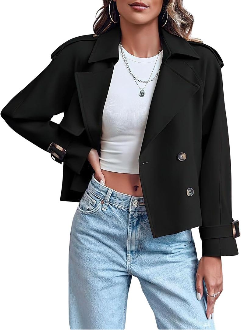 ebossy Women's Double Breasted Short Duster Trench Coat Lapel Loose Windproof Cropped Jacket Coat with Pockets, XL