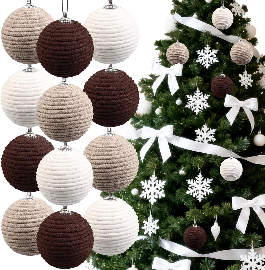 12 Pcs Boho Ball Ornaments,2.36 Inch Farmhouse Jute Rope Decor,Neutral Hanging Balls, Burlap Neutral Fabric Decor,Ornaments for Valentines Day, Wedding,Home,Wreath,Garland (Beige,dark Brown, Light Brown)