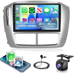 4G+64G Car Radio Stereo for Honda Pilot 2006 2007 2008 with Wireless CarPlay Android Auto, 9 Inch 1280 * 720P IPS Touch Screen Android 13 GPS WiFi Bluetooth 32-Band DSP SWC HD Camera