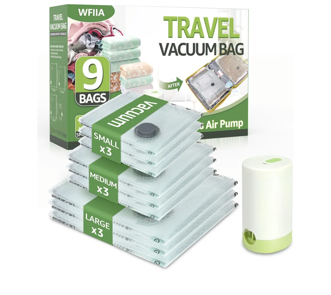 Vacuum Bags for Travel with Rechargeable air Pump, 9 Packs of 3 Sizes Vacuum Seal Bags for Clothing (9 Combo Set)