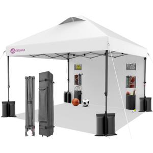 Bebara 10x10 Pop Up Canopy with Sidewall, One-Person Setup - UV & Water Resistant Canopy Tent w/Wheeled Carry Bag for Beach, Patio, Camping & Events - White