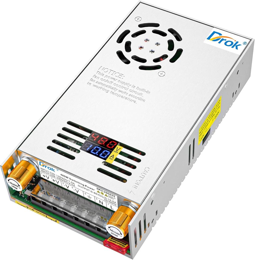 DROK 48V Power Supply, AC 110V/220V to DC 0-48V 0-10A 480W Buck Converter, Volt Amp Adjustable Adapter Regulated 5V 12V 24V 30V 36V 48V Volt Switching Voltage LED Transformer Charger for Computer (Dual Display Current Adjustable)