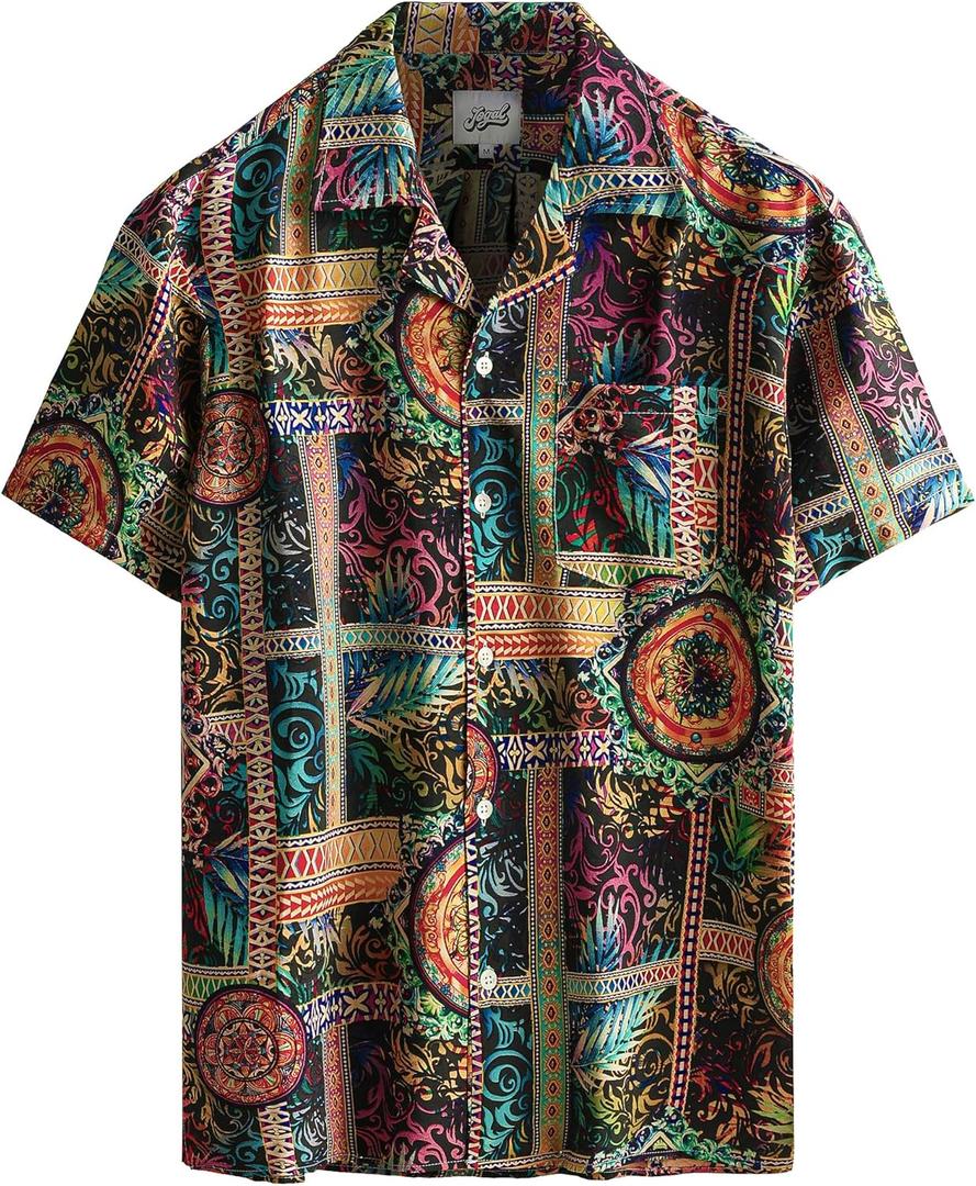 JOGAL Mens 70s Shirt Vintage Floral Hawaiian Shirts Short Sleeve Button Down Shirts Aloha Summer Beach Shirts L