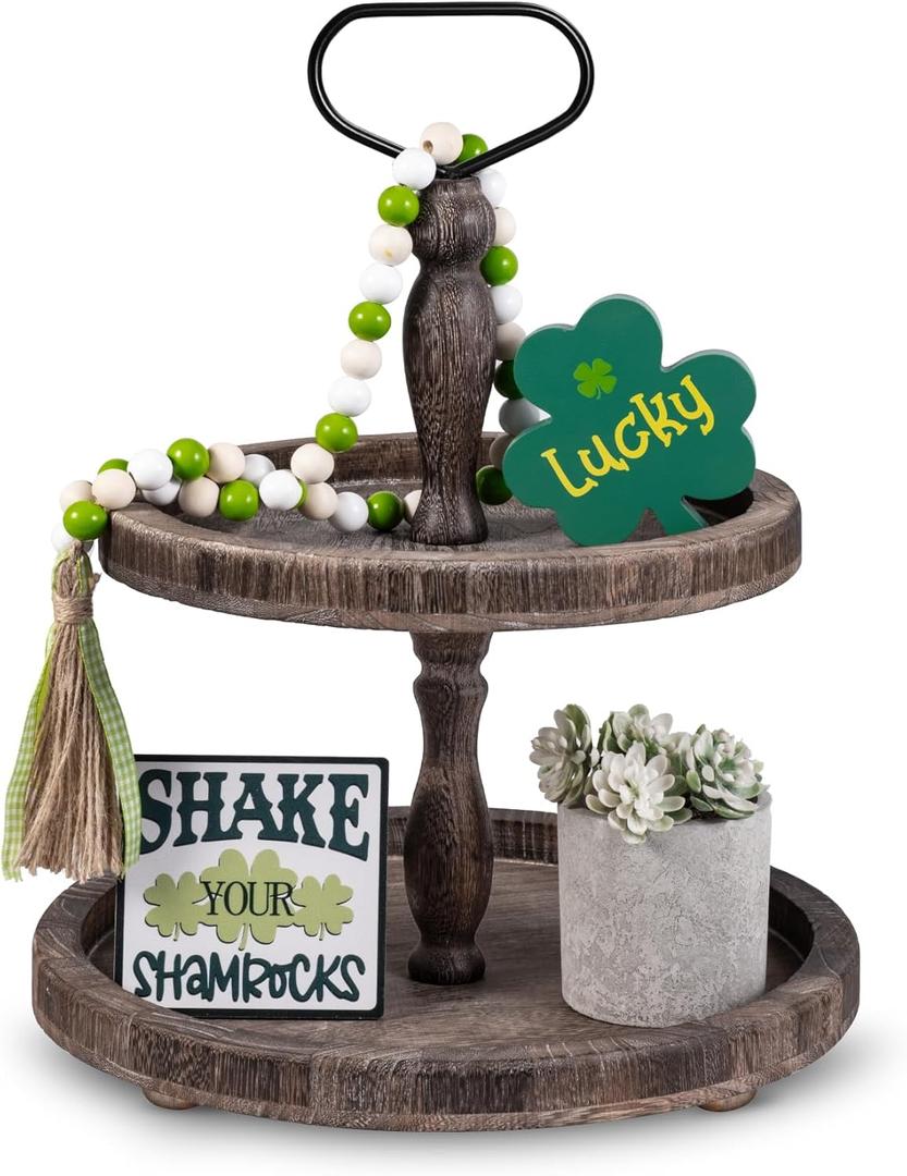 Mustry Rustic Wooden 2 Tiered Tray, Round Farmhouse Kitchen Table Decor Serving Tier Tray, Food Fruits Cupcake Display Coffee Bar Home Party Seasonal Decorations (Brown)