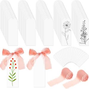 Yeaqee 100 Pcs Acrylic Bookmark Blanks Clear Bookmarks Acrylic Tags with 2 Rolls Ribbon DIY Craft Transparent Bookmark for Reading Lovers for School Presents(5.9 x 2 Inch, Dusty Pink)