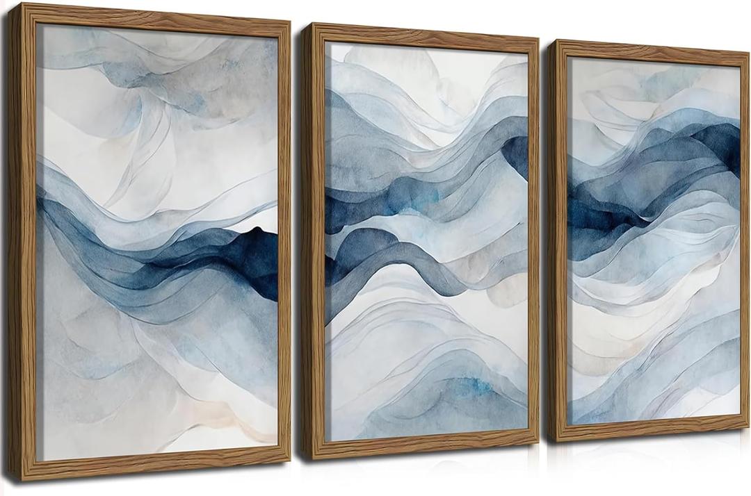 Blue Abstract Wall Art, Modern Navy Blue Abstract Canvas Wall Decor Paintings, Neutral Minimalist Texture Posters Prints Pictures for Living Room Bedroom Office Home Decor 12x16 Inch Wood Framed (16L" x 12W")