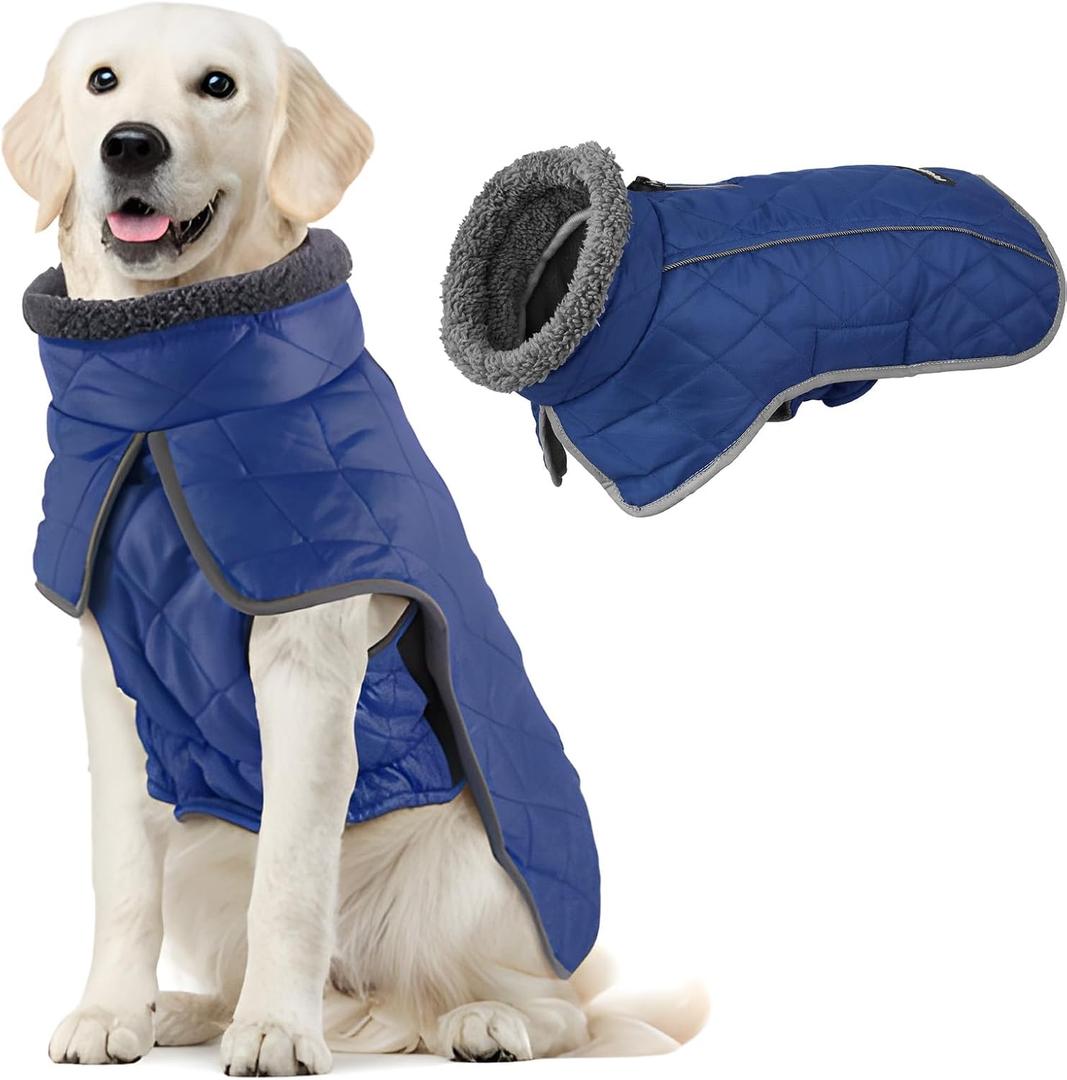 Fragralley Dog Coat Medium, Waterproof Dog Jacket with Warm Fleece Lining, Adjustable Reflective Dogs Winter Coat, Turtleneck Pet Coats for Cold Weather (Blue M)