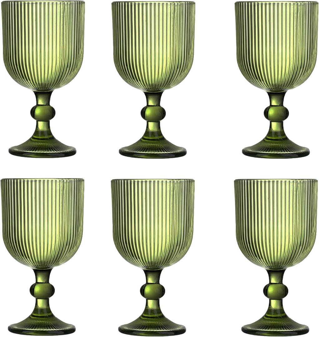 12 Pcs Green Vintage Wine Glasses, 11 Ounces Colored Glass Water Goblets, Unique Embossed Pattern High Clear Stemmed Glassware Wedding Party Bar Glass Drinking Cups Fancy Glasses Vertical Line Set