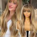 Honey Brown Wigs with Bangs, Brown Layered Wig for Women, Long Wavy Wigs Synthetic Hair Wig for Party Daily Use 26IN