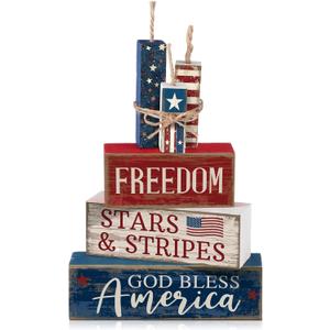 CroBlissful 4 Pcs 4th of July Decorations Patriotic Memorial Day Tabletop Decorations Red White Blue Table Centerpieces Sign for Office Tiered Tray Home Shelf 250th Anniversary(Freedom)