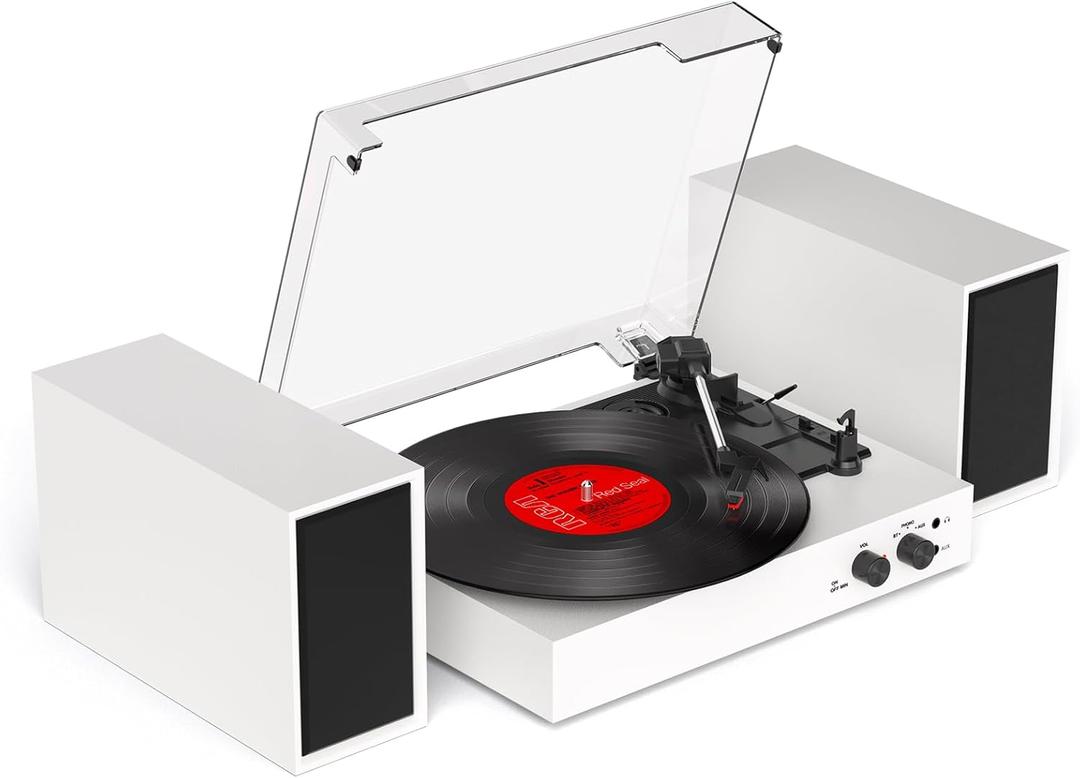 Record Player with External Speakers – Vintage Bluetooth Turntables for Vinyl Records, 3 Speed Belt Drive Vinyl Player with Dual Stereo Speakers, PC Encoding, RCA/AUX/Headphone, in White
