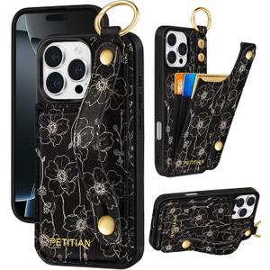 Petitian for iPhone 16 Pro Max Wallet Case - Women Girls Cute Girly Aesthetic Unique Design Leather Credit Card Holder Phone Cover Stand Wristband for iPhone 16 Pro Max, Line Floral