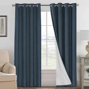 H.VERSAILTEX Linen Blackout Curtains 108 Inches Long 100% Absolutely Blackout Thermal Insulated Textured Linen Look Curtain Draperies Anti-Rust Grommet, Energy Saving with White Liner, 2 Panels, Navy