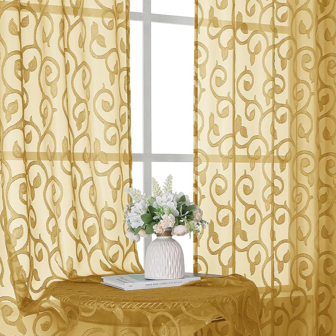 OWENIE Furman Gold Sheer Curtains 84 inches Long for Bedroom Living Room 2 Panels Set, Jacquard Clip Light Filtering Semi Sheer Curtains Rod Pocket Window Drapes, 2 Pcs Each 40 W 84 L