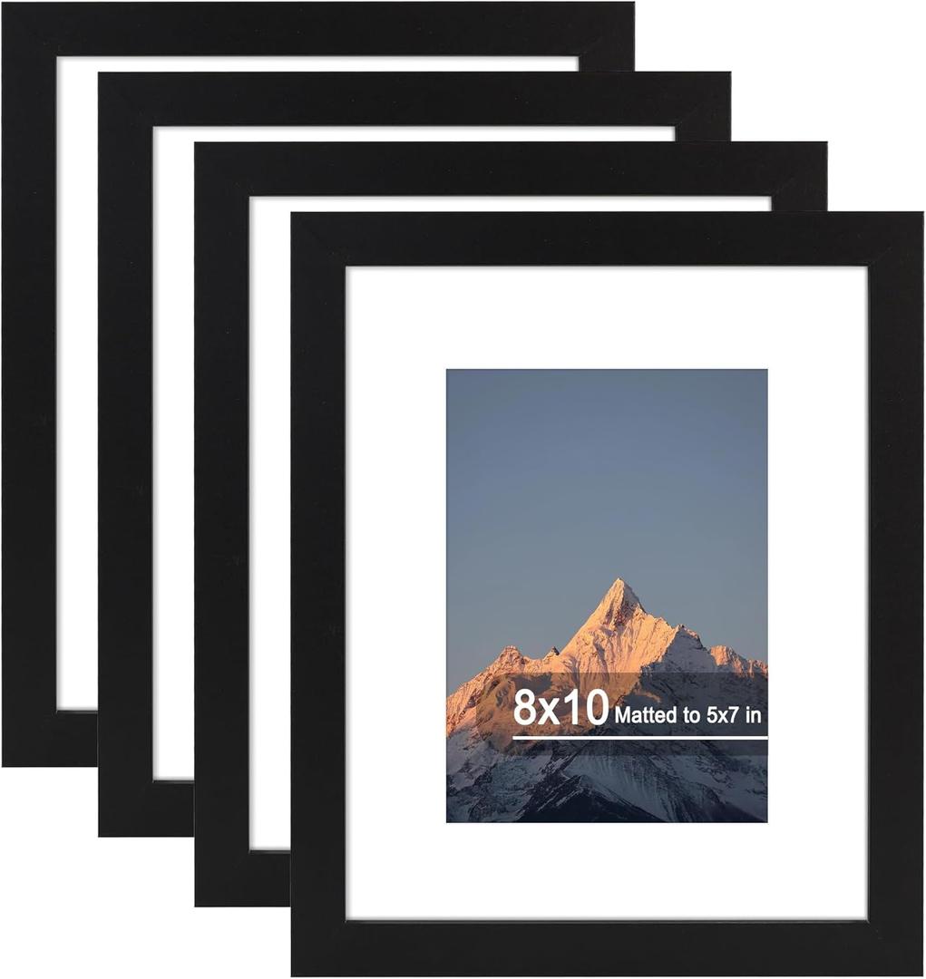 8x10 Picture Frame Set of 4, High Definition Real Glass, Display Pictures 5x7 with Mat or 8x10 Without Mat, Gallery Wall Hanging or Tabletop Photo Frames, Black