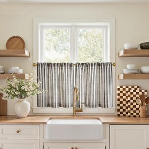 jinchan Striped Linen Kitchen Curtains 20 Inches Length Tier Curtains Farmhouse Modern Cafe Small Window Treatments Airy Light Filtering Rod Pocket for Living Room Bathroom 2 Panels Jet Black