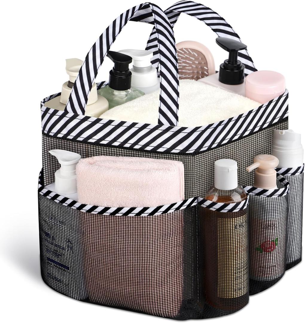 Attmu Mesh Shower Caddy Portable for College Dorm Room Essentials with 8 Pockets, Hanging Shower Caddy Dorm Basket, Quick Dry Shower Bag for Bathroom (White Black)