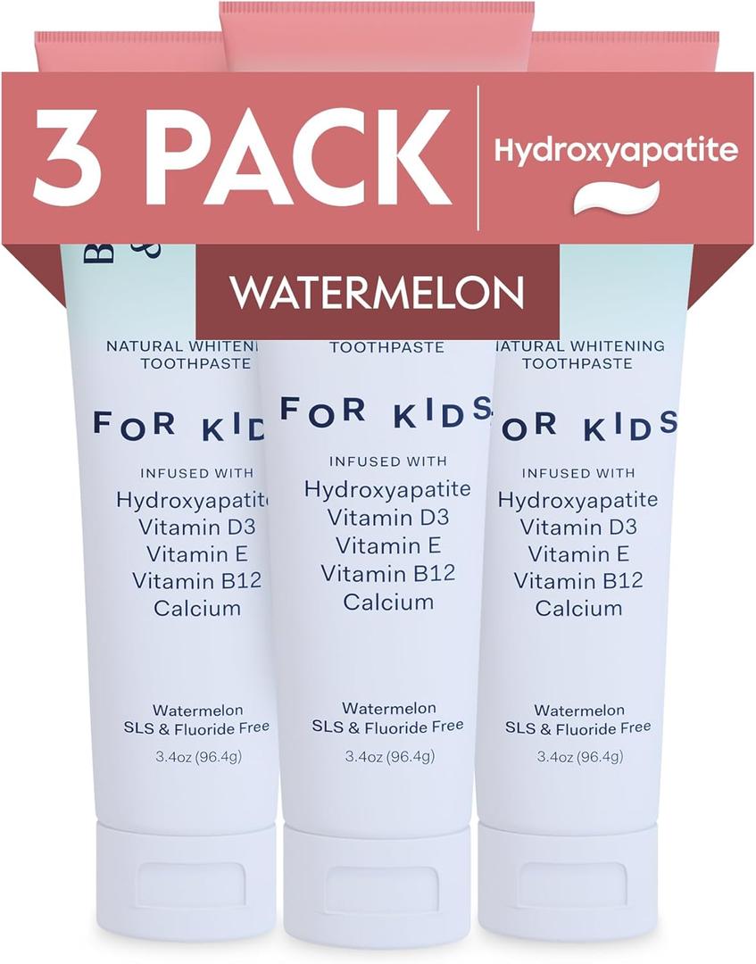 Better & Better Kids Toothpaste | Natural Hydroxyapatite Toothpaste Infused w/Calcium & Vitamins D, E, B12 | Fluoride & SLS Free for Sensitive Brushers | Watermelon Flavor | 3.4oz, 3 Pack